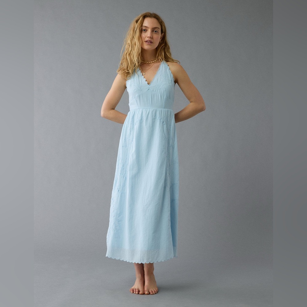 Embroidered Midi Dress with V-Neck